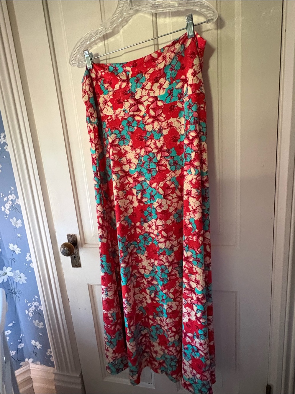 LuLaRoe Red Floral Maxi Skirt with Turquoise Accents - Picture 2 of 6